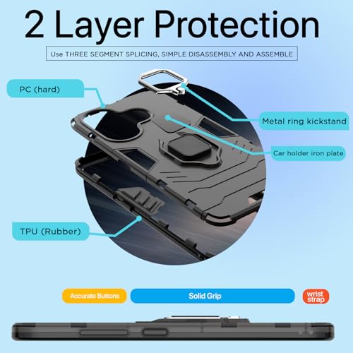 Image of Pikkme D5 Tough Armor Back Cover | 360 Protection Case | Ring Holder Stand Bumper Case for Realme GT 6T 5G / GT Neo 6 SE 5G (Black)
