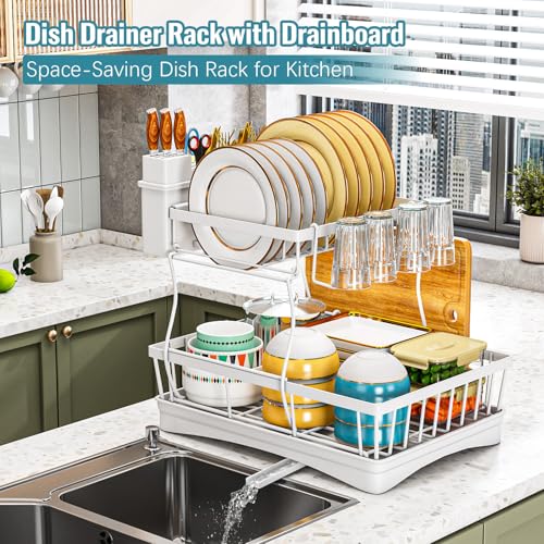 Image of 2 Tier Dish Drainer Rack for Kitchen with Drip Tray,Utensil & Cutting Board Holders for Kitchen Counter