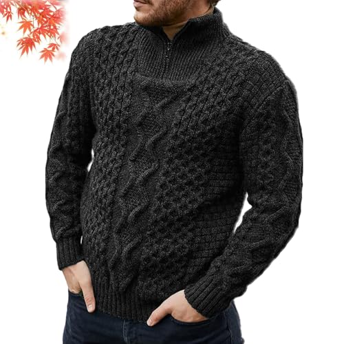 Men's Winter Cable Zipper Turtleneck Jacquard Pullover Sweater, Men's Quarter Zip Sweater, Mock Neck Polo Sweater