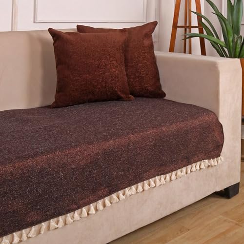 Image of STITCHNEST Jute Sofa Cover - Copper, 24x30 Inch | Soft Textured Fabric with Tassel| Sofa for Living Room Decor
