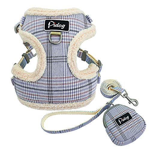 Didog Soft Cosy Dog Vest Harness and Leash Set with Cute Bags,No Pull Escape Proof Breathable Mesh Dog Harness,Classic Plaid Back Openable,Fit Walking Small Dogs, Cats,Blue,S