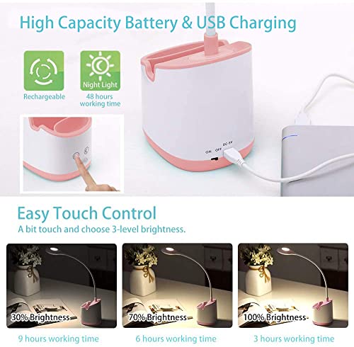 Desk Lamp Kids With Small Night Light Led Usb Rechargeable Student Table Lamp Dimmable Eye-Caring Cute Study Computer Lamp For Office Dorm, Touch Control, Flexible Gooseneck, Phone & Pen Holder (Pink) #TOP4