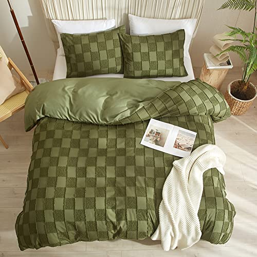 Dyygril Duvet Covers Queen Size,3Pcs Soft And Embroidery Shabby Chic Bedding Sets,100% Washed Microfiber Tufted Comforter Cover Set,Lightweight,Durable,Olive Green (No Comforter) #TOP6