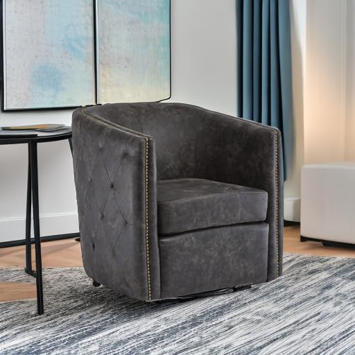 Image of Signature Design by Ashley Swivel Black Faux Leather Accent Chair | Elegant tufted faux leather with brass nailheads, Hidden metal swivel base for effortless conversation, Brentlow Series