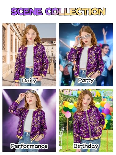 Image of LOLANTA Girls Sequin Jacket, Long Sleeve Kids Bomber Coats with Pockets, Spring Fall Outfits for 4-15 Years