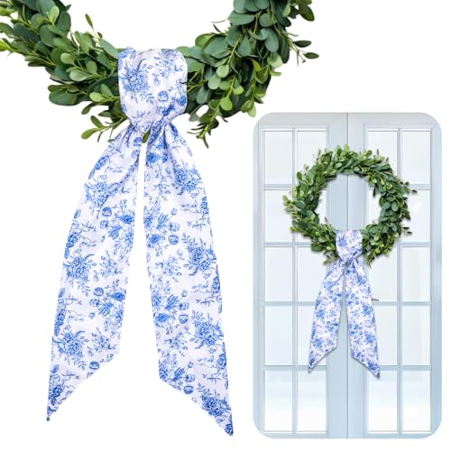 Whaline 2 Pcs Blue Flower Wreath Sash for Front Door Chinoiserie Floral Garland Ribbon for Holiday Party Home Decor Indoor Outdoor