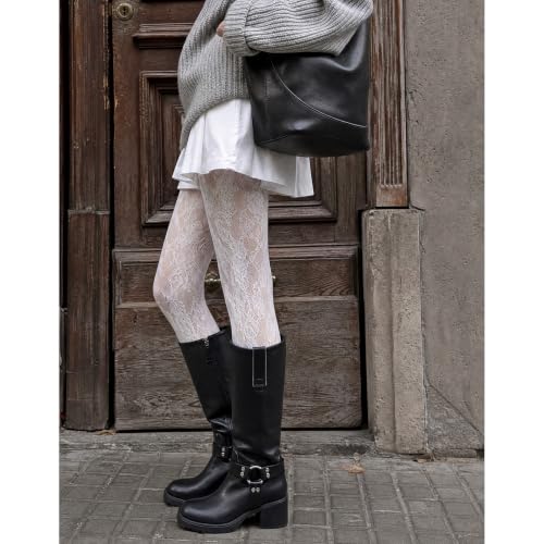 Image of Women's Knee High Riding Boots Chunky Heel Wide Calf Motorcycle Boots with Side Zipper