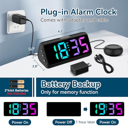 Image of Netzu Loud Alarm Clock for Heavy Sleepers, Plug-In RGB Vibrating Alarm Clocks with Bed Shaker, 5 Dimmers, 2 Alarms, 4 Volumes and Snooze for Adult Rooms(Black)