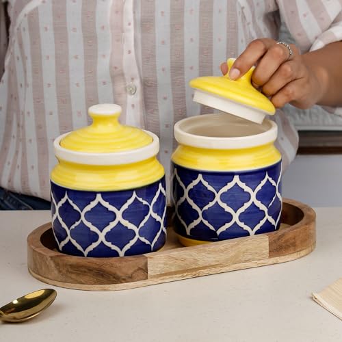 Image of The Earth Store Yellow Blue Moroccan Ceramic Jar with Wooden Tray | 600ml Each | Pickle Jar | Kitchen Storage Container Set for Pickle, Cookies, Sugar, Tea, Coffee - 2 Jars & 1 Tray Combo Set