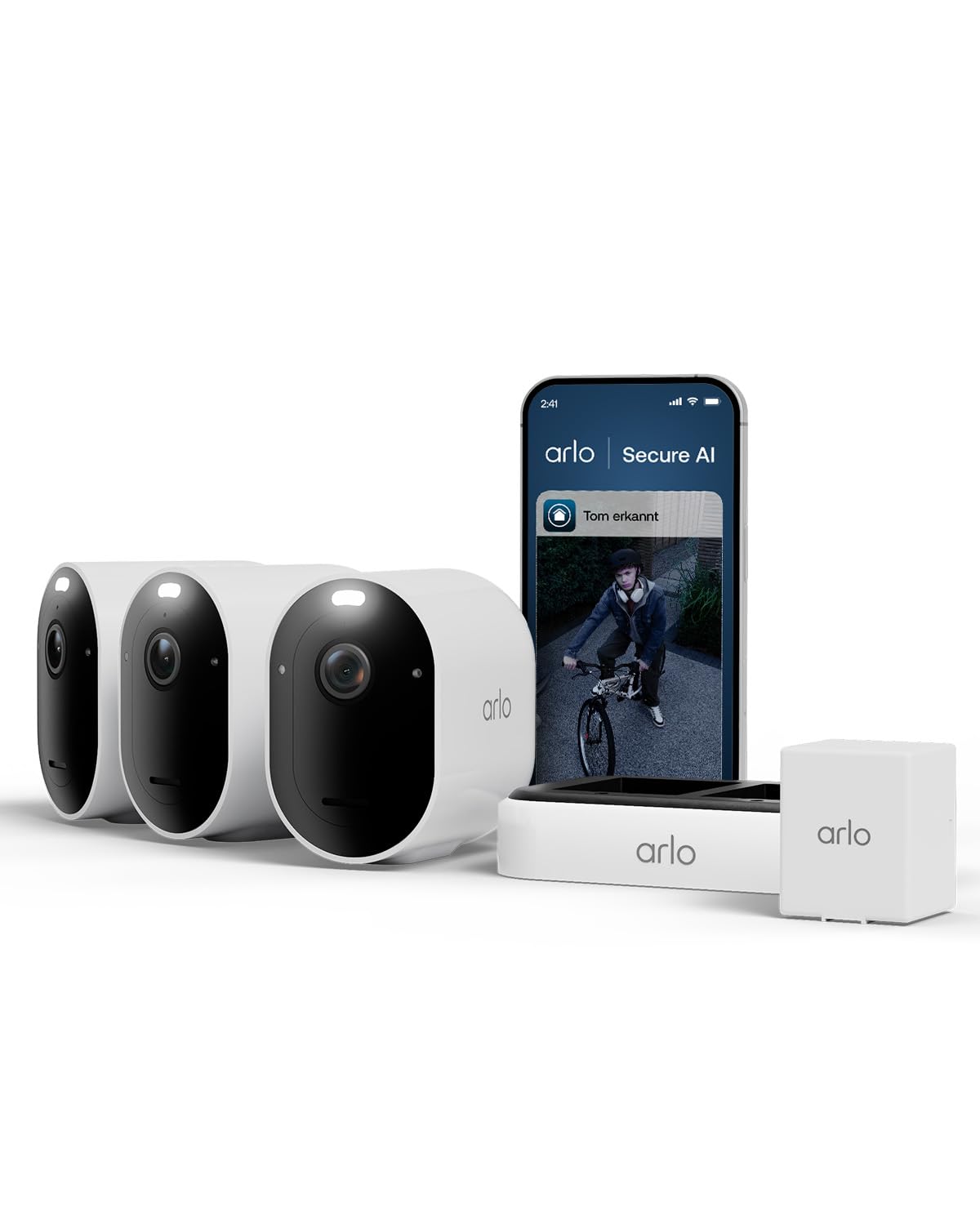 Arlo Pro 6 Überwachungskamera Aussen WLAN, Kabellos, 2K+HDR, Farb-Nachtsicht, Zwei-Wege Audio, Bewegungserkennung, mit Arlo Secure Testzeitraum, 3er Set mit extra Batterie und Doppelladestation