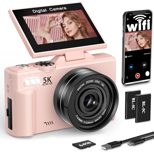 Digitalkamera 5K 75MP Kamera Fotokamera und Vlogging mit WiFi 64GB Karte 18X Digital Zoom 180 Selfie Digital Camera Kompaktkamera Fotoapparat für Reisen YouTube Anfänger und Erwachsene (Rose)