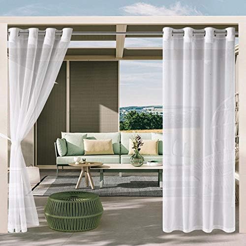 DWCN Outdoor Sheer Curtains for Patio - White Semi Voile Waterproof Sheer Curtains for Gazebo, Pergola, Porch, Set of 2 Window Curtain Panels with 2 Tieback Ropes, 52 x 84 Inches Long