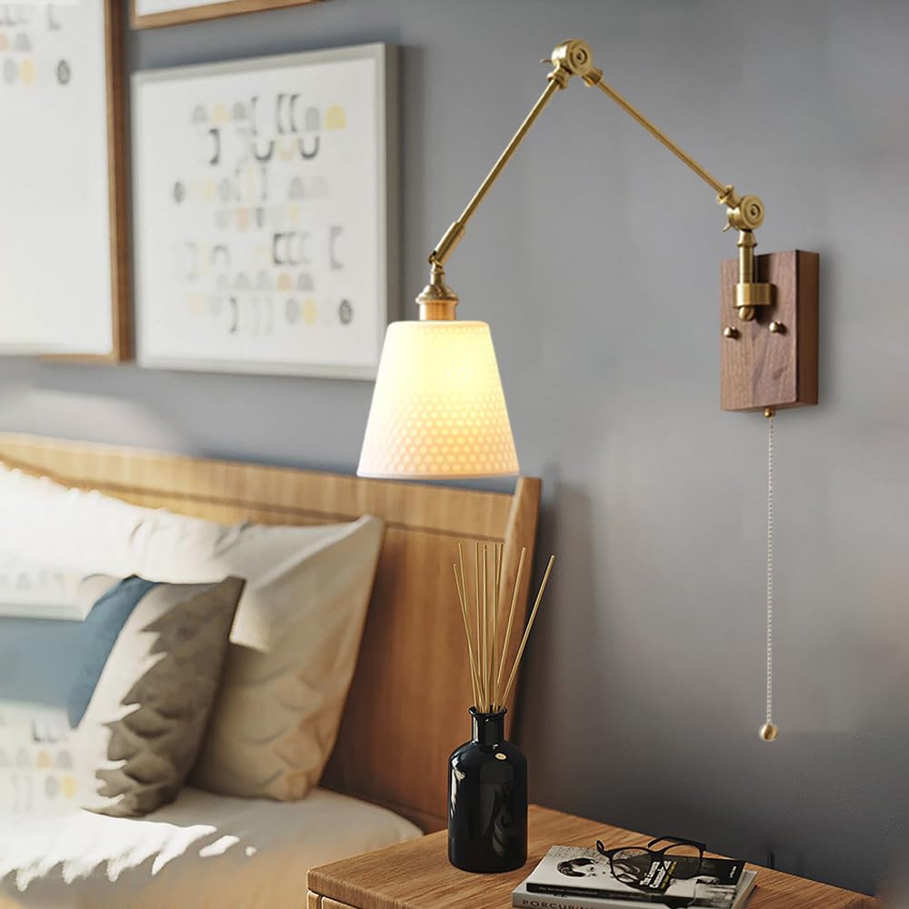 1 Confezione di Applique da Parete in Legno Vintage, Lampada da Parete con Braccio Girevole Regolabile con Paralume in Ceramica Bianca, Moderna Lampada da Parete in Ottone con Interruttore per so