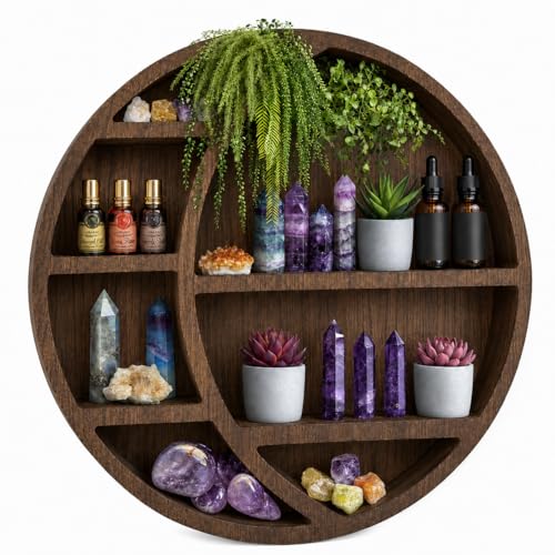 Nimpro Wooden Crescent Moon Shelf Wall Decor - Decorative Boho Home Hanging Display Shelf for Bedroom, Dorm, Nursery - Easy Mount Storage for Crystals and Essential Oils - 14 x 14 x 3.5 (Brown)