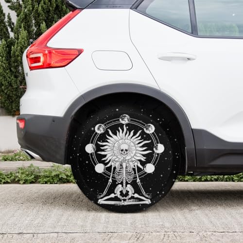 Image of Meditating Skeleton Skull Tire Covers Protectors Weatherproof Dust-Proof Moon Phase Spare Wheel Cover Fit for Jeep Wrangler RV, SUV, Truck Travel Camper Trailer Vehicle 15 inch