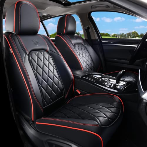 Image of Coverado Seat Covers, Car Seat Covers Front Seats, Black Red Line Car Seat Cover, Luxury Faux Leather Front Seat Covers, Seat Cushion, Waterproof Automotive Seat Covers Universal Fit Most Cars
