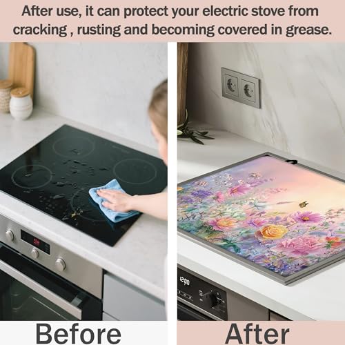 Image of Spring Wildflowers Butterflies Stove Cover for Electric and Glass Stove Tops 3-in-1 Stove Mat, Heat Resistant Counter Protector Mat, Non-Slip Surface & Drying Rack, 28.5 inchLx20.5 inchW