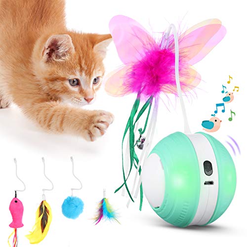 Interactive Cat Toys Ball with Colorful Light & Bird Sound - USB Charging Automatic Irregular 360 Degree Self Rotating Ball - 5 Replacement Feathers Robotic Cat Toy for Indoor Cats Kitten (Green)
