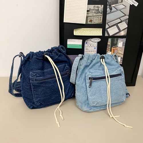 Mini Gym Bag Women Blue Small Drawstring Sports Duffle Bag Lightweight Travel Crossbody Denim Purse(Dark Blue)3