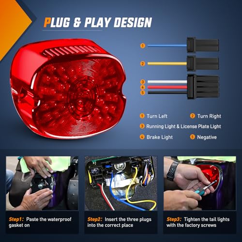 Image of Nilight LED Tail Light Motorcycle Brake Turn Signal Driving License Plate Rear Lights Red Housing Plug and Play Compatible with Harley Davidson Dyna Sportster 883 1200 Road King Glide