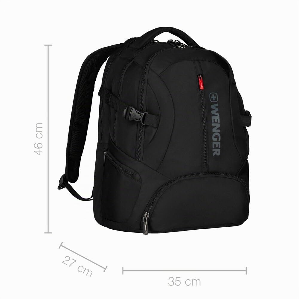WENGER Transit Sac à Dos pour Ordinateur Portable 16 Pouces avec Poche pour Tablette Tactile 10 Pouces, Système d’Organisation, 27 l, Femmes Hommes, Bureau Voyages d’Affaires Uni, Noir, 600636