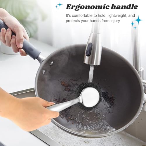 Image of Stainless Steel Wool Scrubber with Handle, 3Pcs Detachable Metal Steel Scrubber Wool Pads for Cleaning Dishes, Metal Scrubber Pot Scrubbers Can Clean Iron Pots Stoves