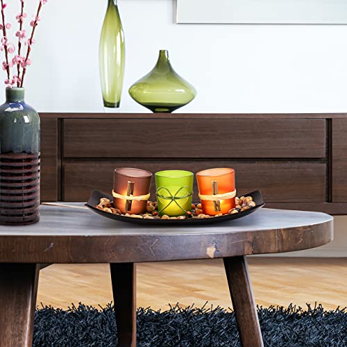 Darjen Votive Candle Holders With Rocks And Tray, Vintage Candlescape Set Of 3, Natural Tea Lights Candle Holders For Home Table Decor, Housewarming & Holiday Gift #TOP4