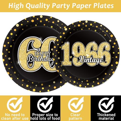 Image of 200PCS 60th Theme Birthday Party Tableware Vintage 1966 Party Supplies 60 year old Birthday Party Decorations Plates Napkins Forks Black and Gold Dinnerware Favors for Men or Women