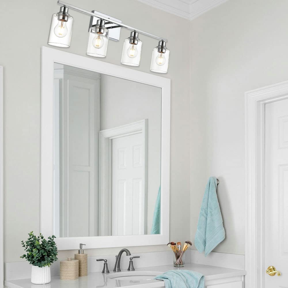Schminklampe Armaturen, 4 Lichter Innen Moderne Verchromte Badezimmerbeleuchtung über Spiegel Klares Glas Schatten Metallsockel Wandmontage Lampe für Schminktisch Wohnzimmer