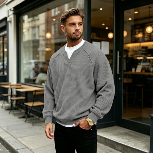 Men's Sweatshirts Waffle Knit Mens Crewneck Sweatshirt Colors Pullover Men - image 3