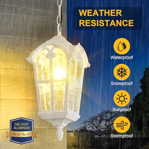Outdoor Pendant Light for Porch Patio Garden Yard, Anti-Rust Aluminium Exterior Hanging Light Fixtures, Outside White Vintage Hanging Ceiling Light, Height Adjustable Outdoor Pendant Lamp