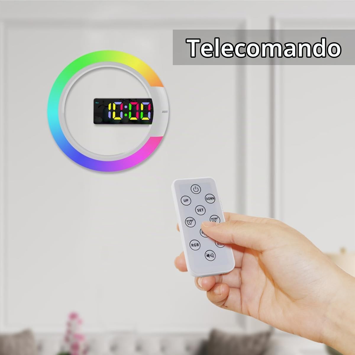 Grande orologio da parete digitale a LED, sveglia da parete rotonda da 12 pollici con telecomando Luce notturna RGB Temperatura per soggiorno, camera da letto, casa, ufficio
