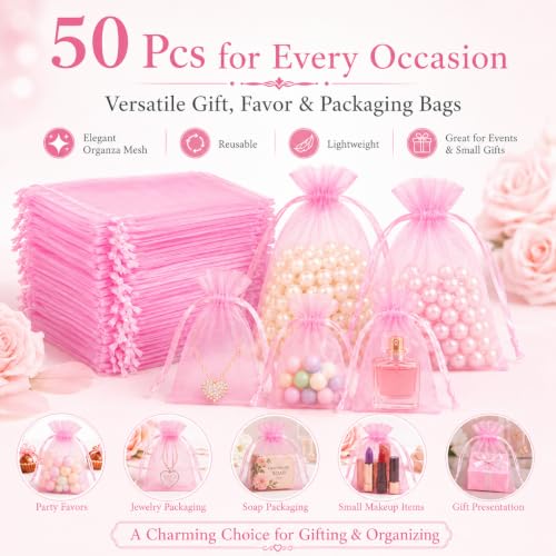 Image of Hopttreely 50 Pcs Pink Organza Bags 4x4.72 Inch, Sheer Mesh Gift Bags Bulk with Drawstring, Small Jewelry Candy Soap Makeup Sachet Pouches for Wedding Baby Shower Birthday Party Favors