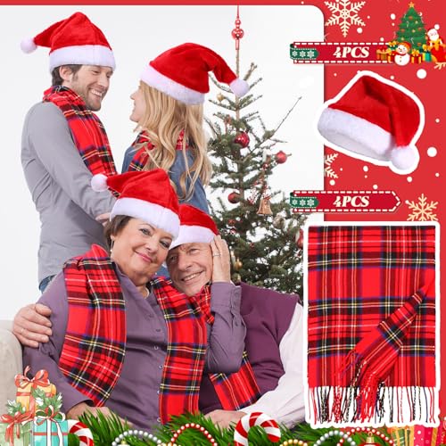 Coume 8 Pcs Christmas Santa Hat and Scarf Set Buffalo Plaid Scarfs Velvet Christmas Hat3