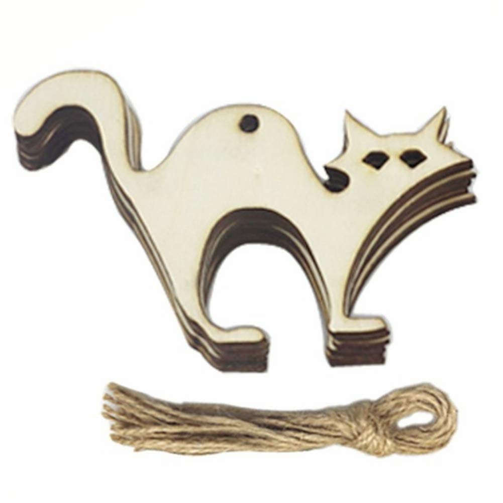 Inzopo Cat 10Pcs Halloween Wooden Ornaments Shape Wooden Hanging Embellishments Halloween Wood Tags Cutouts Crafts With Twine For Gifts, Diy, Party Decorations