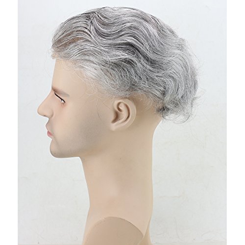 Dreambeauty Men's Toupee 10"×8" European Virgin 20% #1B Black Human Hair Mix 80% Silver Synthetic Hair Soft Thin Skin Mens Hair Pieces Hair Replacement System Monofilament Net With Pu Around Base #TOP5