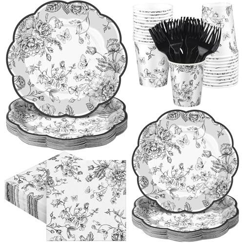 Kochorie 144 Pieces Black Floral Paper Plates and Napkins Party Supplies, Black and White Flower Tableware Set Include Vintage Scalloped Plates Napkins Cups Forks for Wedding Birthday Tea Party
