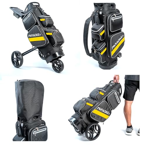 Paradax AI-1 All-in-One Golf Bag with Built-in 3-Wheel Push Cart Bundle | Includes Hood Cover and Bag Strap (Black Bag - Yellow Stripe)