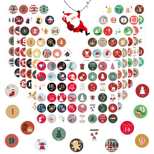 JAMSSOW 12 x 24 Adventskalender Zahlen Aufkleber(Zahlen 1-24) Advent Kalender Aufkleb Adventskalenderzahlen Etiketten selbstklebend Weihnachten Adventskalender Sticker DIY Nummern Papiertüten