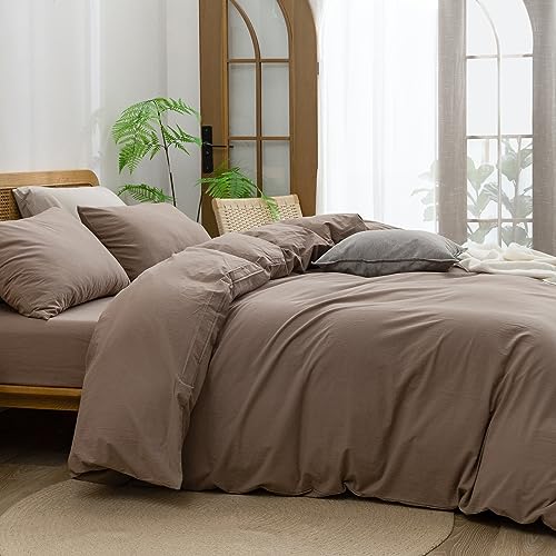 Image of BESTOUCH Cotton Solid Duvet Cover Set Pine Bark Brown Oversized Queen | 100% Washed Cotton, Soft Wrinkle Texture, Hidden Zipper, 8 Ties, Breathable Lightweight Durable Comfy, 3 Pcs No Insert