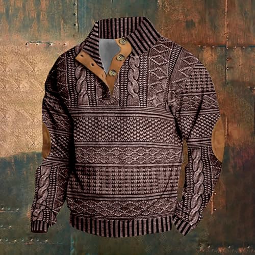 Mens Casual Tweed Stand Collar Sweatshirts Long Sleeve Twist Patterned Polo Sweatshirt Button Up Cable Knit Sweaters2