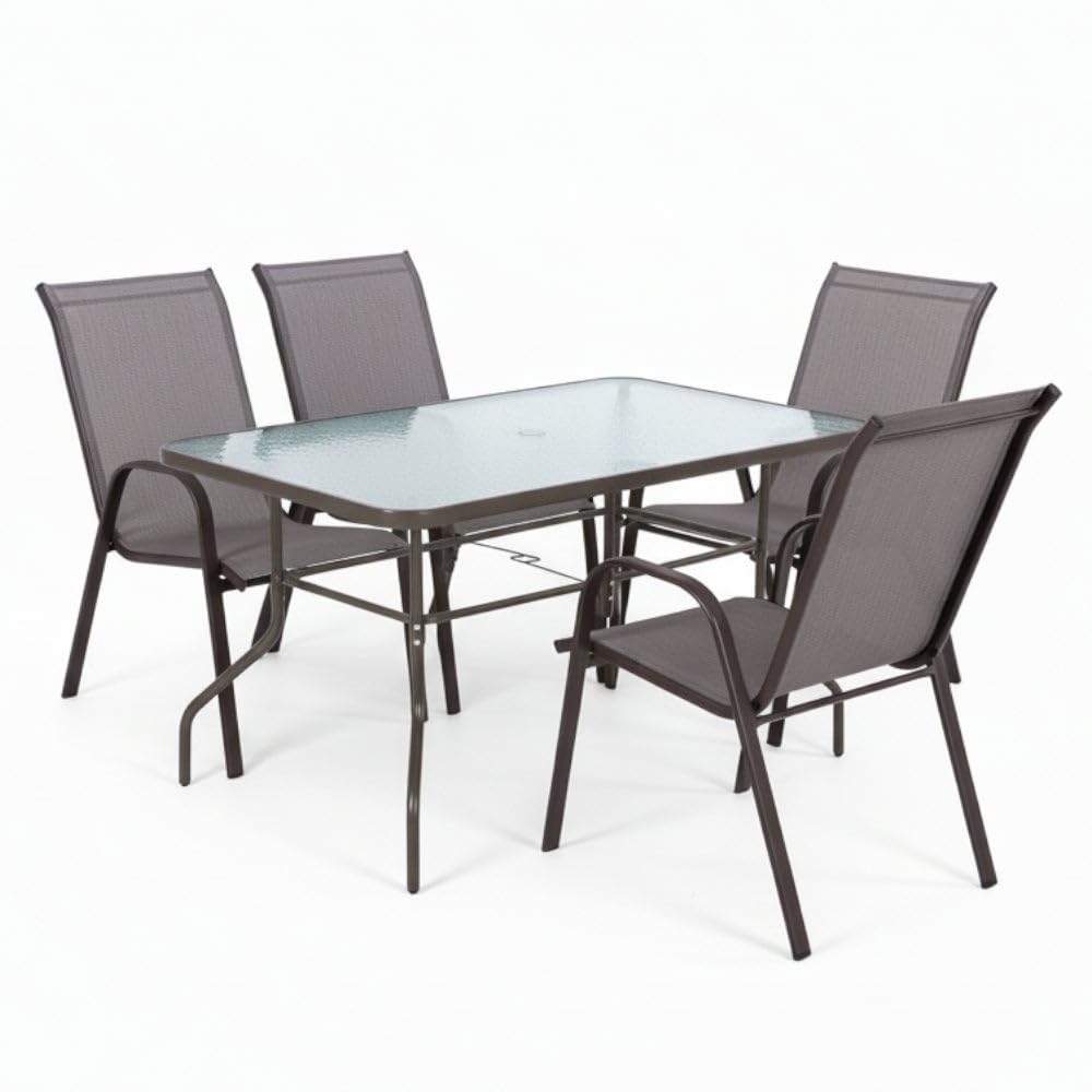 MONTY Conjunto Exterior | Mesa 140 cm de Acero y Cristal Templado + 4 Sillas de Textileno Antracita | Resistente: Pintura anticorrosión, Tela Doble | Transpirables, Apliables | Classic