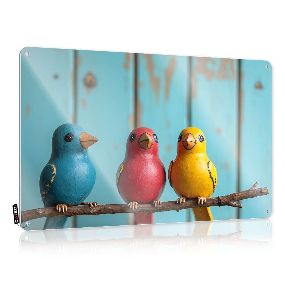 Statue Porch Plaque - Three Colorful Bird Figurines On A Branch. Presents Rustic Wall Hanging(20X30CM)