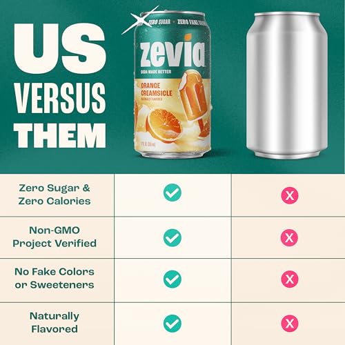 Image of Zevia Zero Sugar Soda, Orange Creamsicle, 12 oz Cans (24-Pack) - Caffeine Free, Naturally Sweetened, No Calorie Soda - Non-GMO Project Verified, Gluten-Free, Vegan