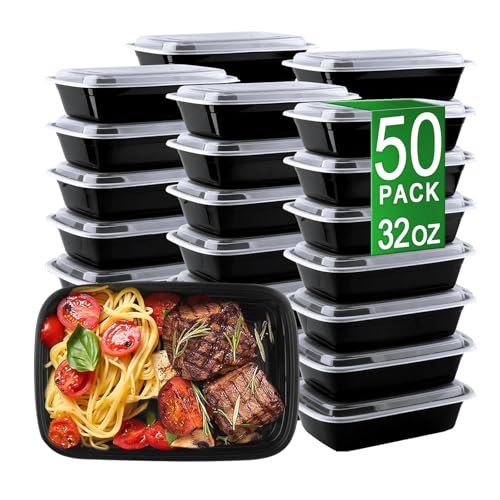 APSIC Meal Prep Containers, 50 Pack 32oz (100-Piece) Disposable Take Out Food Storage Containers with Leakproof Lids, Reusable Plastic To Go Lunch Boxes, BPA Free, Microwave/Dishwasher/Freezer Safe