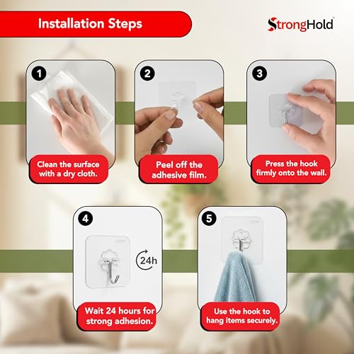 Image of StrongHold Self Adhesive Wall Hooks Value Pack of 30 for Wall Decor and Wall Hanging Decoration, Transparent Adhesive Wall Hook Set and Kitchen Accessories Items for Home
