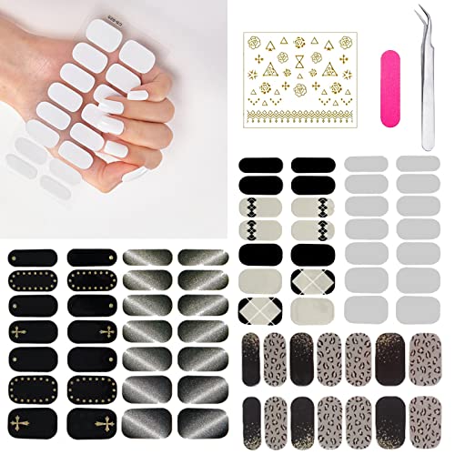 84 PCS 6 Sheets Nail Art Stickers and Decals, French Leopard Nail Polish Strips, Self-Adhesive DIY Tips for Manicure Decoration Design, （Includes 1 Sheet of 3D Flower Decal+1 Tweezer+1 Nail File)