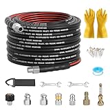 Sewer Jetter Kit for Pressure Washer 50FT, Drain Cleaner Hose 1/4 Inch NPT, NPT Corner Swivel and Push Button Nose Sewer Jet Nozzle Wrenches Gloves Waterproof Tape Pearl Brooch,5800PSI