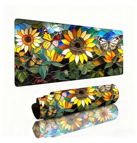 Fjäril musmatta solros musmatta skrivbordsmatta 1600 x 800 x 3 mm, bordsmattor, mjuk slät yta och halkfri gummibas, förbättrad precision och hastighet, skrivbordstillbehör för män bärbar dator, kontor