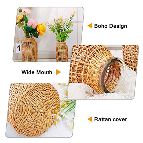 Mdeoosky Straw Woven Glass Vase 8.06''X2.75''X3.93''Boho Glass Flower Vase Country Rustic Style Vase Glass Vase For Floral Arrangements Bottle Height (B Style 8.06In) #TOP4